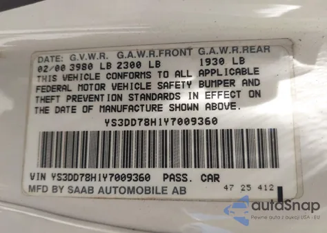 2000 Saab 9-3 z USA, uszkodzony, nr VIN YS3DD78H1Y7009360